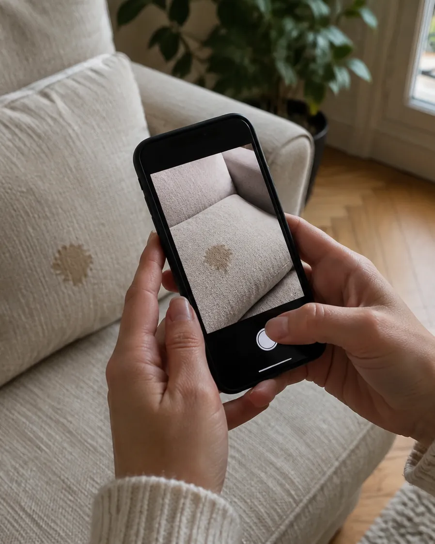 Une cliente photographie avec son téléphone une tache sur son canapé