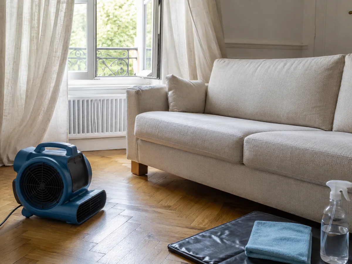 Petit ventilateur professionnel posé sur le parquet devant un canapé en tissu beige fraîchement nettoyé, fenêtre ouverte