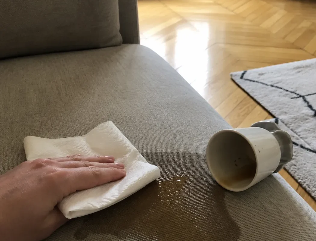 Main tamponnant avec du papier absorbant une tache de café fraîche sur l'assise d'un canapé en tissu beige