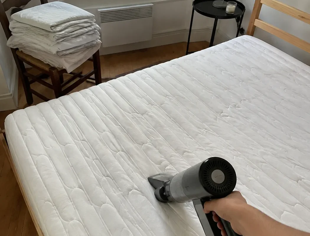 Main passant un aspirateur à main sur un matelas nu dans une petite chambre lumineuse, draps pliés sur une chaise