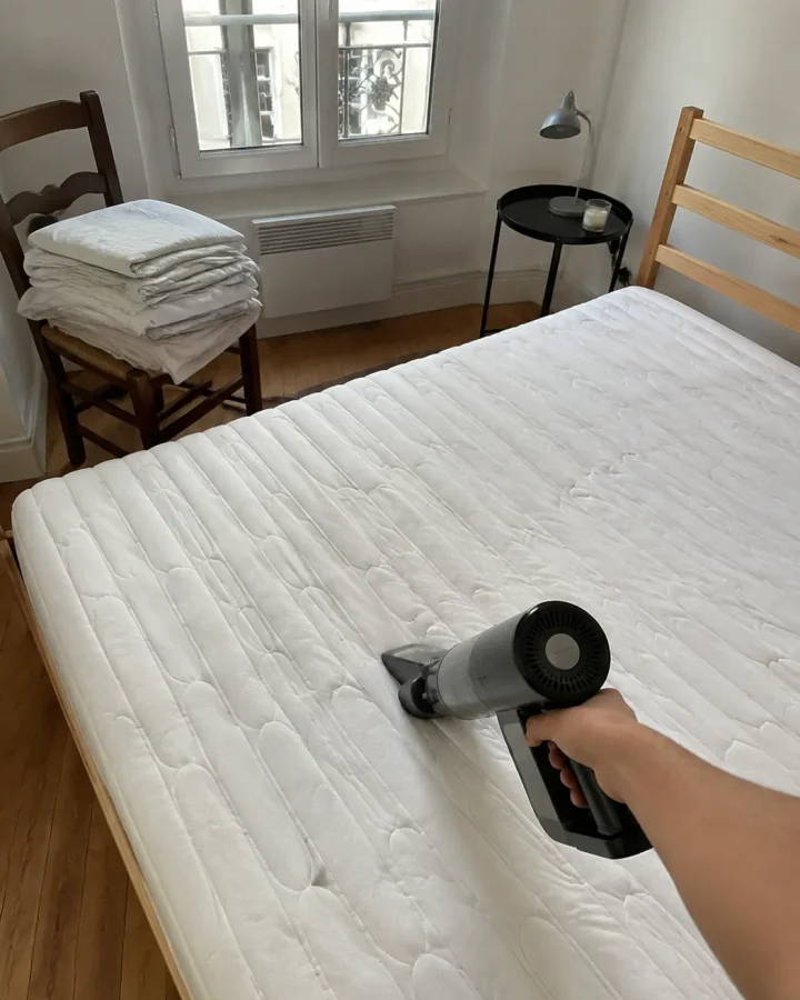 Main passant un aspirateur à main sur un matelas nu dans une petite chambre lumineuse, draps pliés sur une chaise