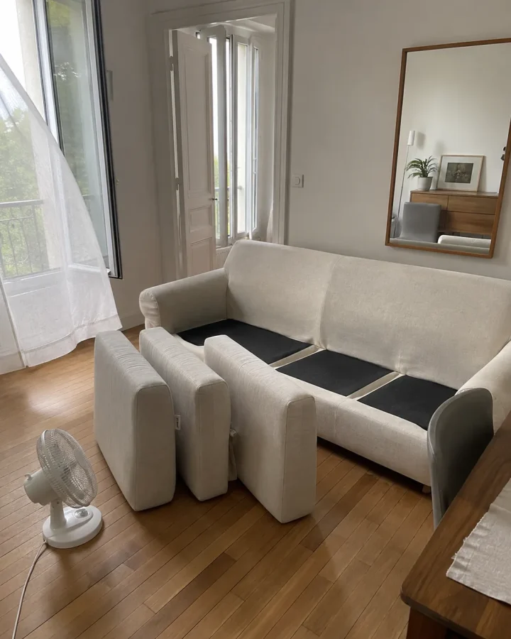 Canapé en tissu écru dont les coussins sèchent debout, fenêtre ouverte et petit ventilateur au sol