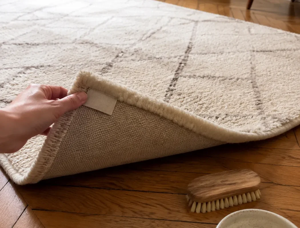 Main soulevant le coin d'un tapis en laine écru pour montrer l'envers et l'étiquette, brosse en bois et bol d'eau posés sur le parquet