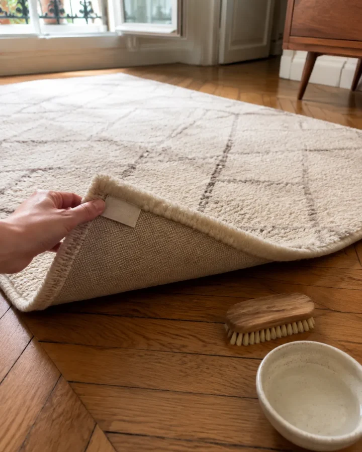 Main soulevant le coin d'un tapis en laine écru pour montrer l'envers et l'étiquette, brosse en bois et bol d'eau posés sur le parquet