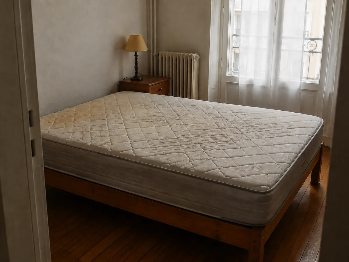 Avant nettoyage : Matelas 140 cm, une face, auréoles de transpiration jaunâtres et légère odeur