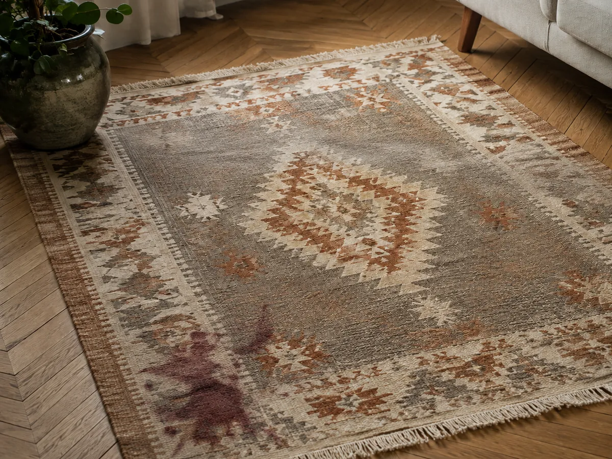 Avant nettoyage : Tapis en laine écru, 160 × 230 cm, passage grisé au centre, éclaboussure de vin rouge dans un angle