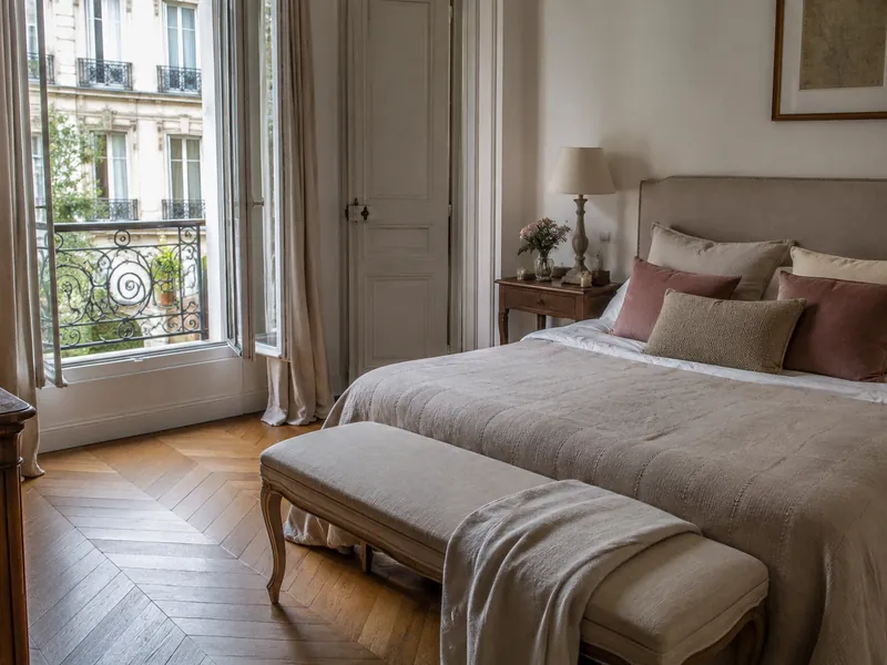 Tête de lit en lin naturel, coussins en velours et banquette rembourrée au pied du lit dans une chambre